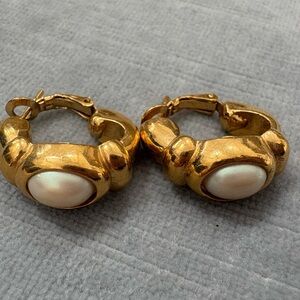 Vintage Gold-Tone Hoop Earrings with Pearl Cabochons bought in Paris